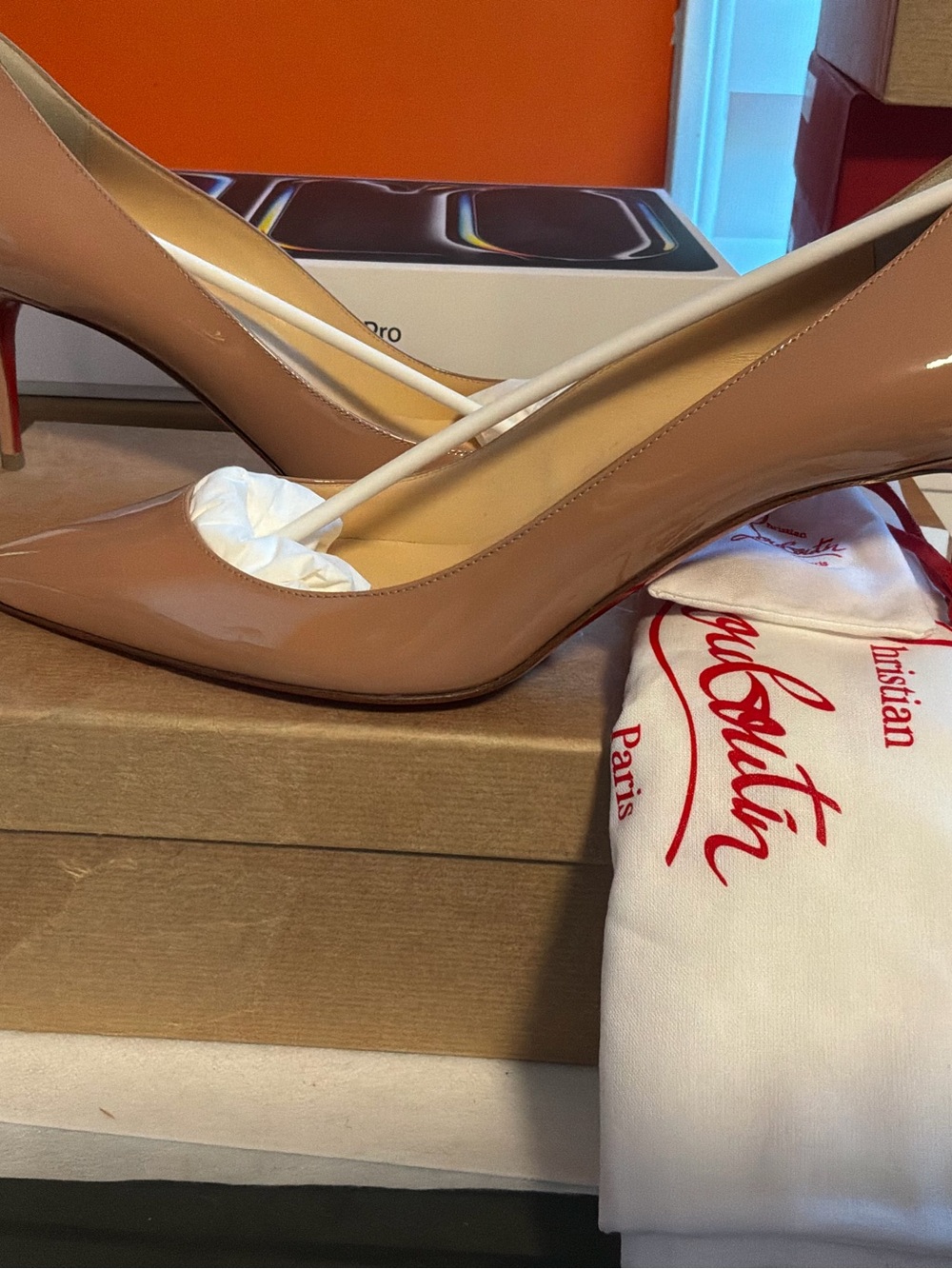 Christian Louboutin Nude Patent Pointed-Toe Pumps with Red Sole